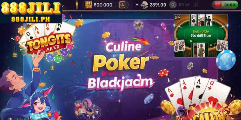 Popular online card games including Tongits, Poker, and Blackjack
